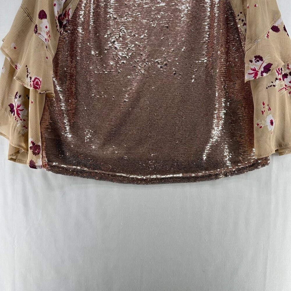 Free People Top Size S Shimmy & Shake Sequin Floral Tiered Bell Sleeve Brown - Picture 7 of 12